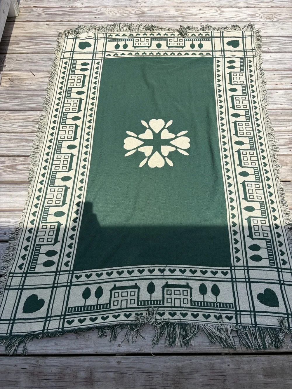 Vintage Green Cream Woven Throw Blanket Cottage Houses Hearts Fringe Farmhouse